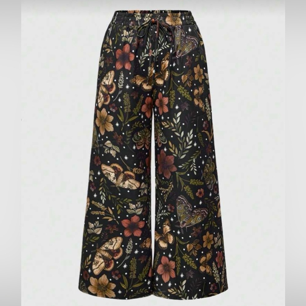 Wide Leg Floral & Butterfly Print Pants - Black